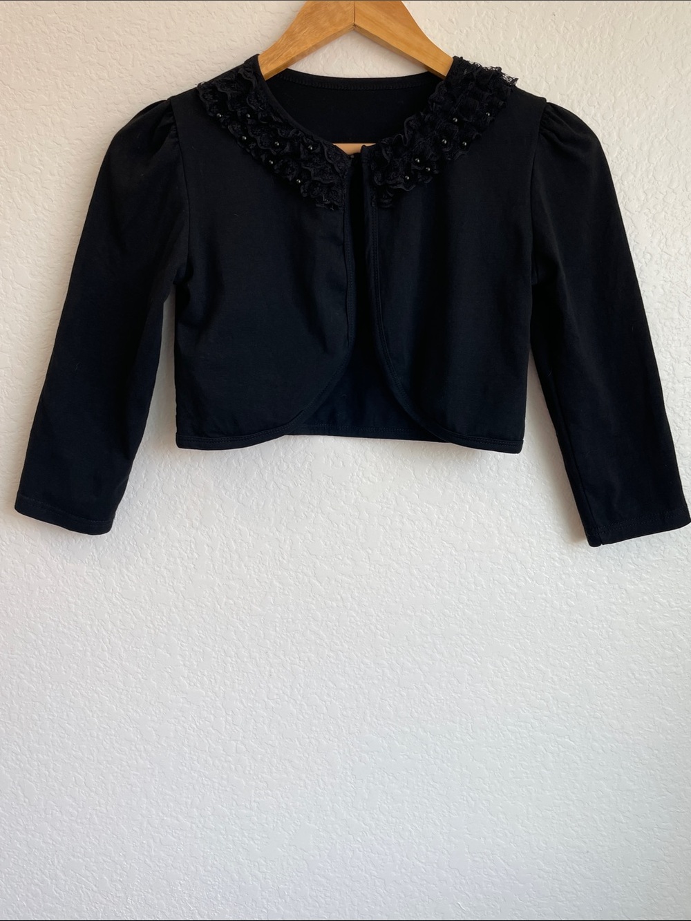 Black Beaded Lace Collar Cropped Knit  Bolero Cardigan • Girls Large